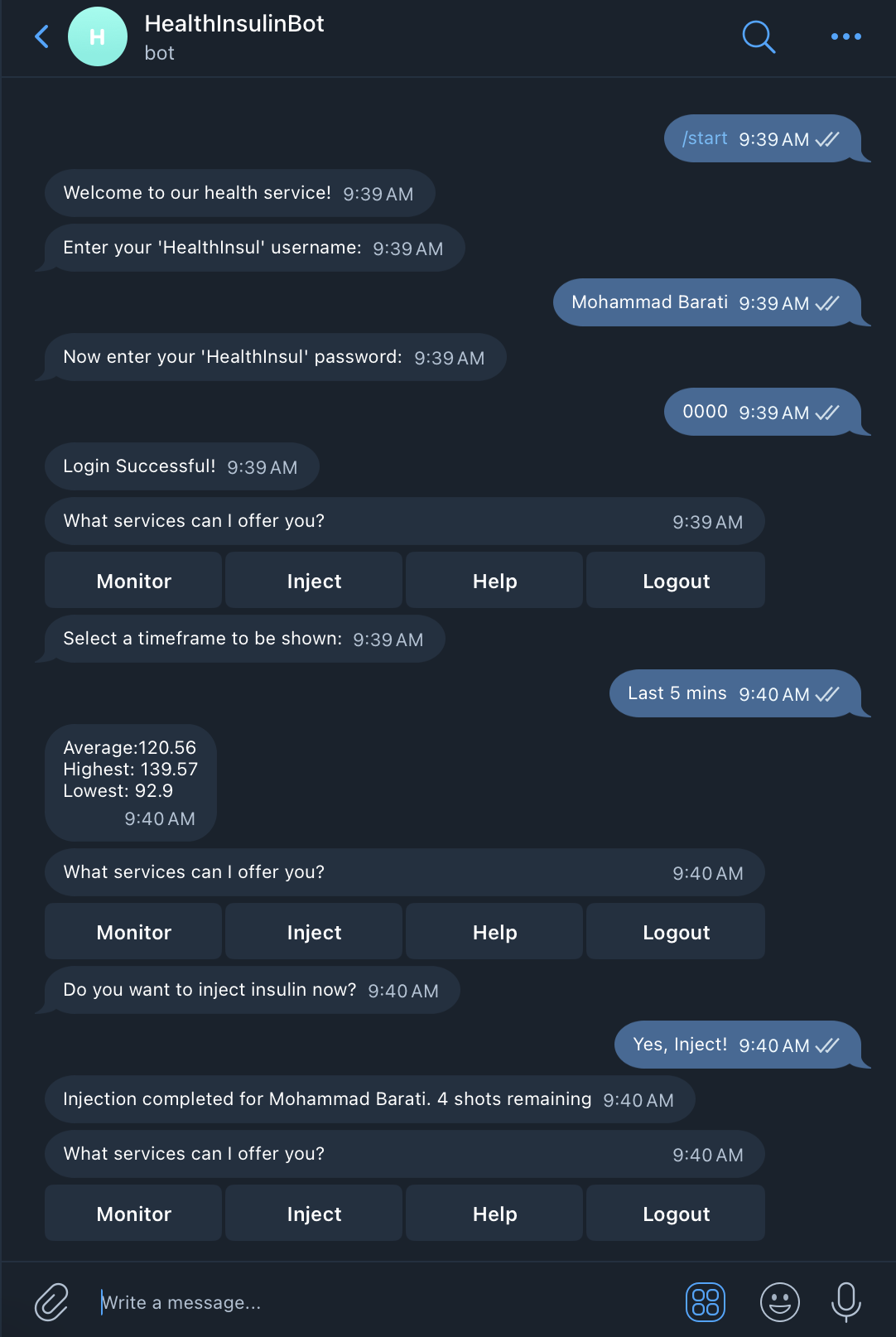 Telegram interface showing glucose stats and commands