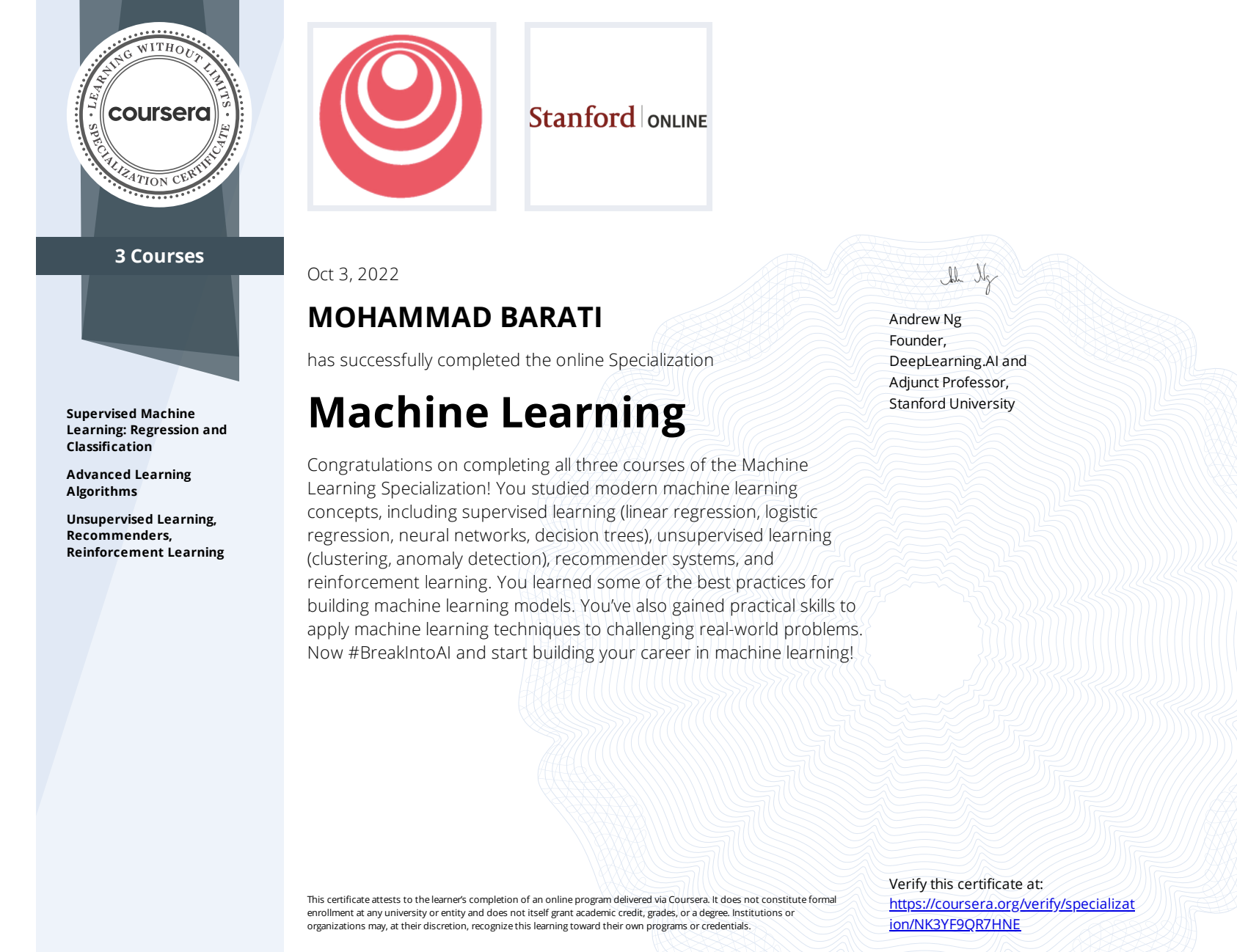 Preview of Machine Learning Specialization certificate