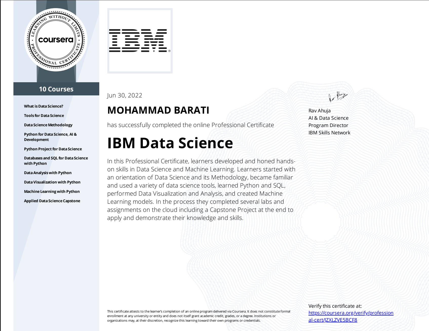 Preview of IBM Data Science Specialization certificate
