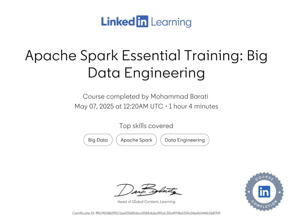 Preview of Apache Spark Essential Training: Big Data Engineering certificate