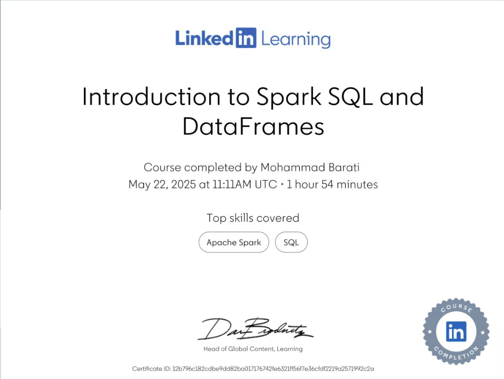 Preview of Introduction to Spark SQL and DataFrames certificate